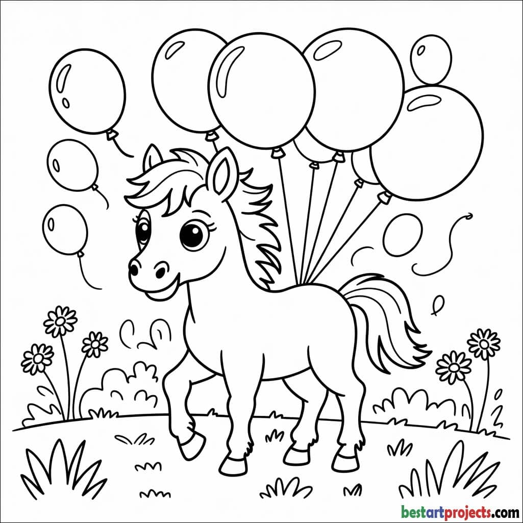 Baby Horse with Balloons Coloring page 