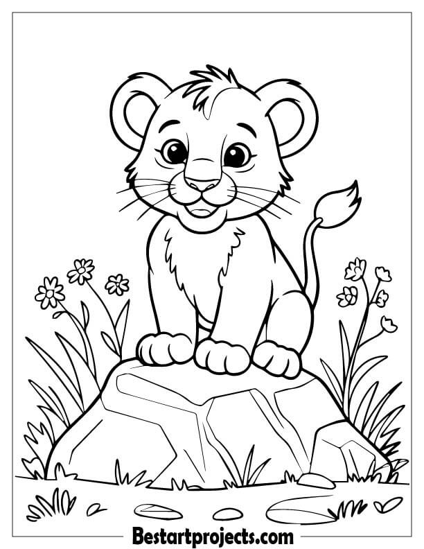 Cute baby lion sitting on rock Coloring For Kids