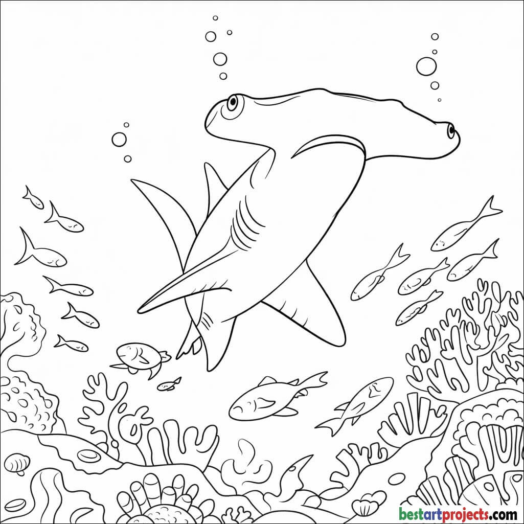Hammerhead shark navigating through coral reefs Coloring sheet