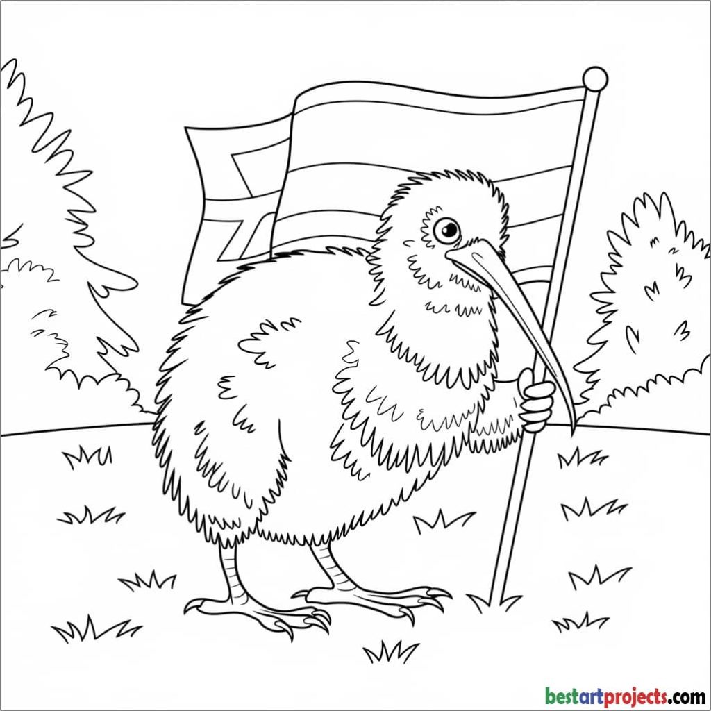  Kiwi Bird Holding a Flag Coloring Sheet