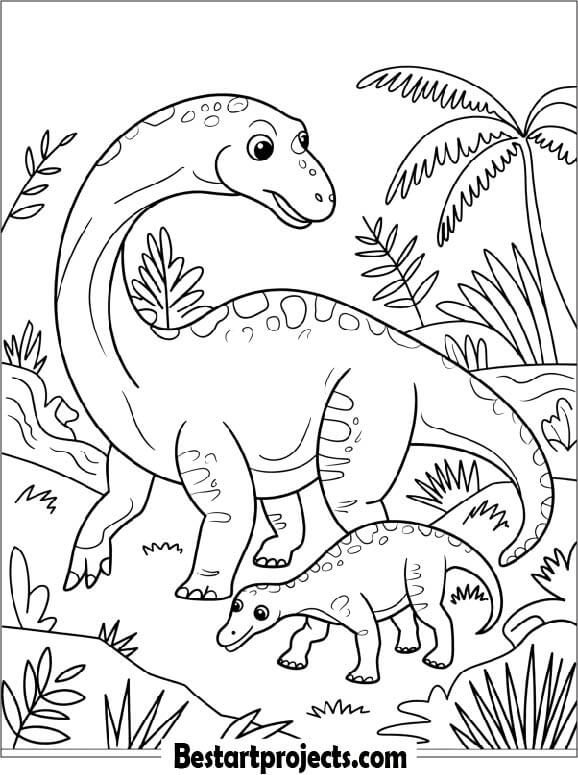 Brontosaurus Walking with baby Coloring Page
