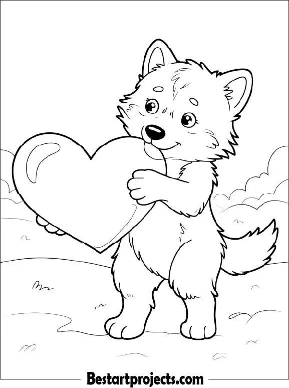Cute Wolf Holding a Heart Coloring Sheet