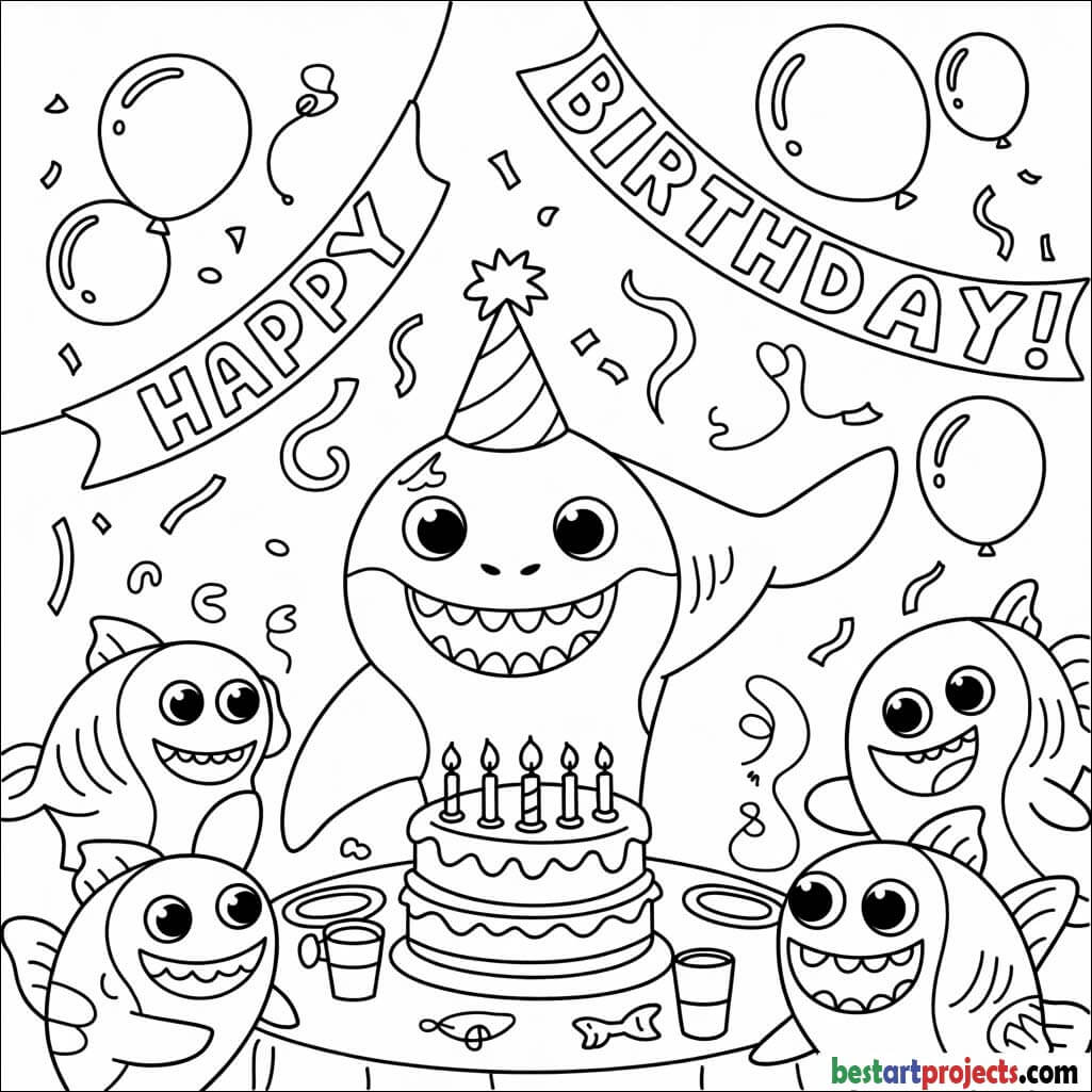 shark celebrating a birthday coloring page