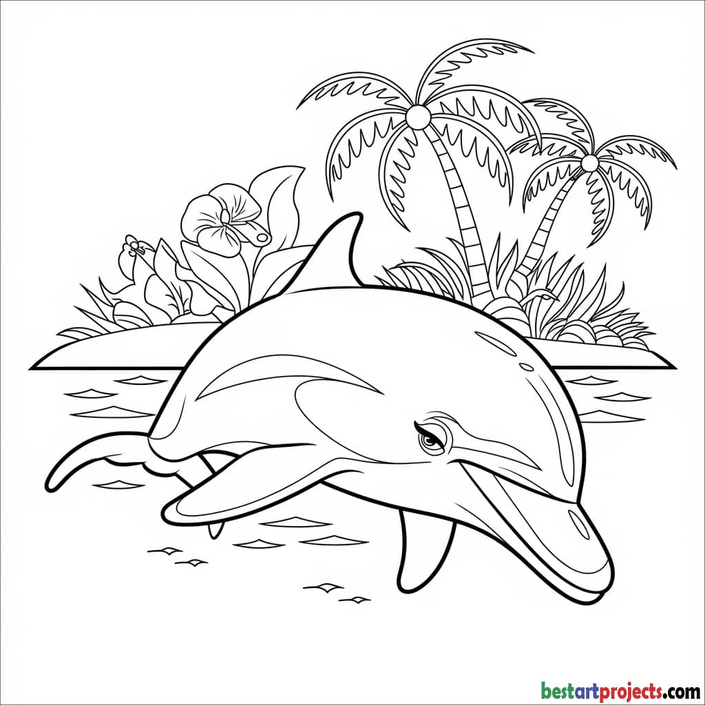 Dolphin in a tropical paradise coloring page