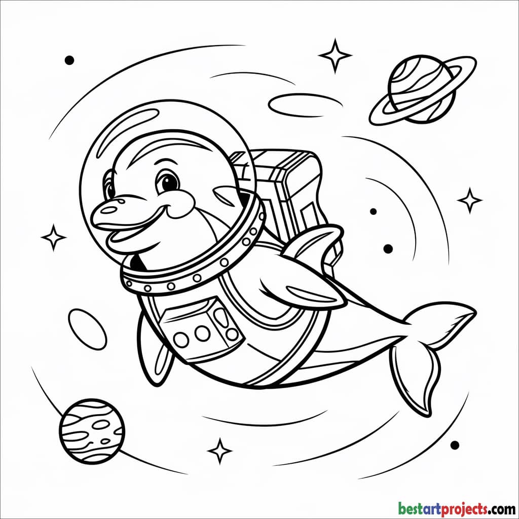 Dolphin in Space Coloring Sheet