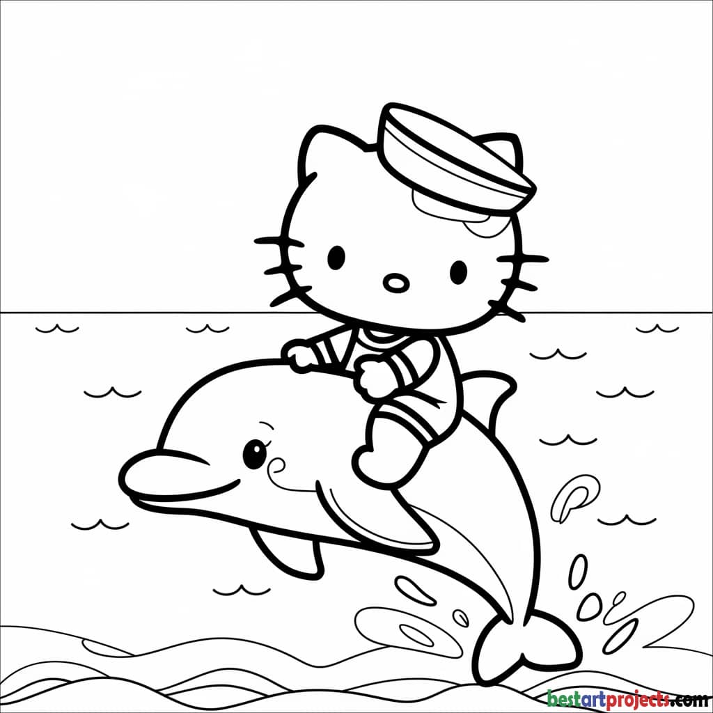 Hello Kitty on a Cute Dolphin Coloring Page