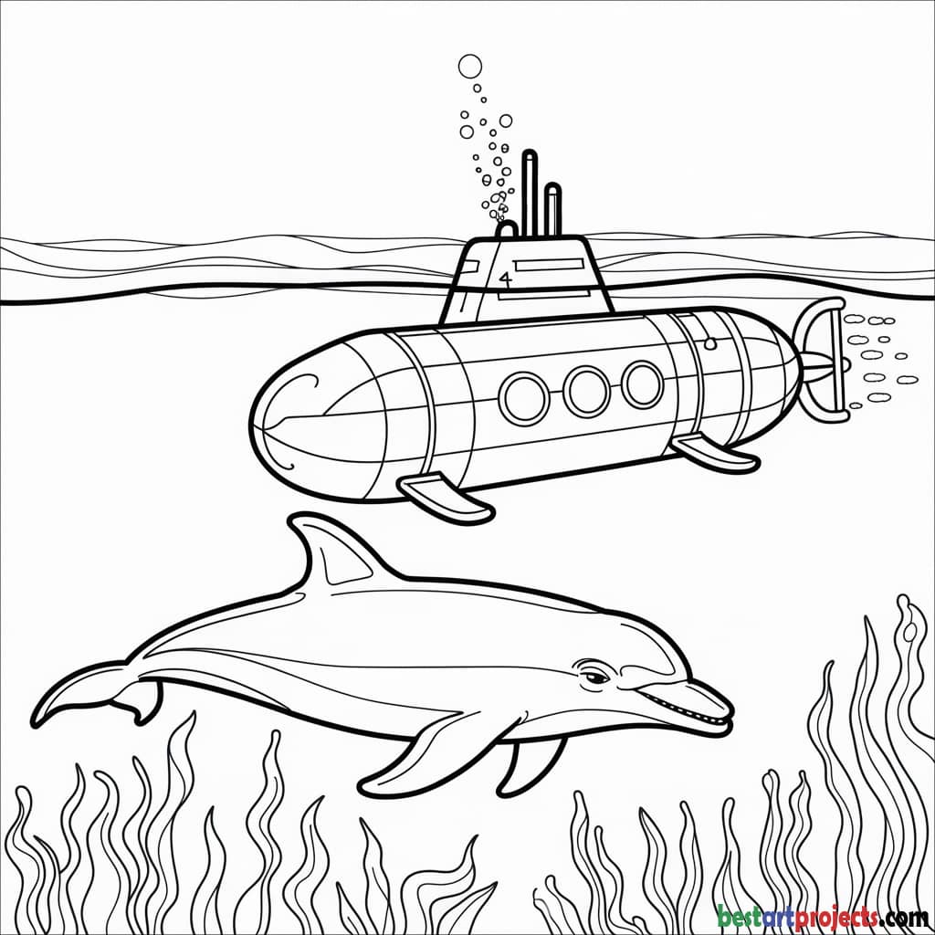 Submarine and  Dolphin Coloring Sheet