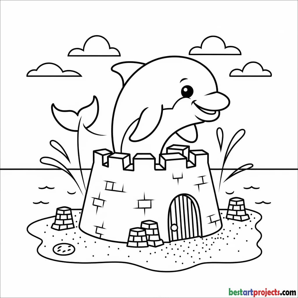 Cute Sandcastle Dolphin Coloring Page