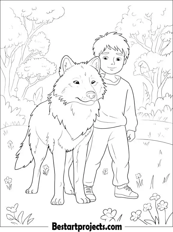 Boy and His Pet Wolf Coloring Page
