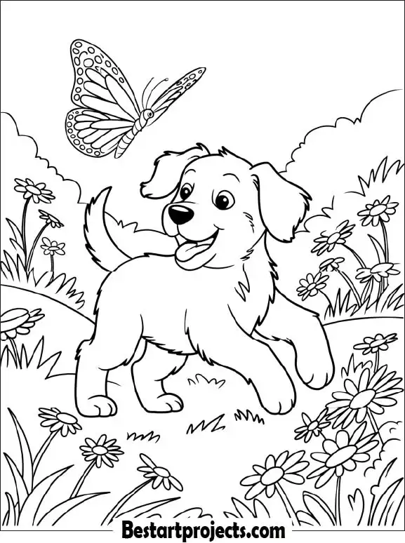 Dog Chasing  a Butterfly – Cute Free Coloring Sheet