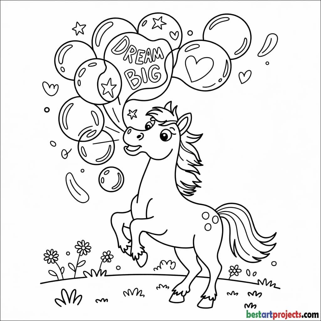 Horse Blowing Bubbles Coloring Sheet 