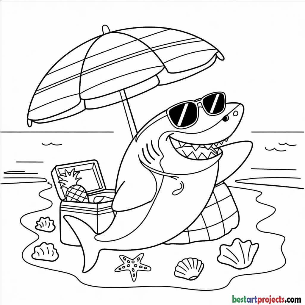 Shark relaxing under a beach umbrella