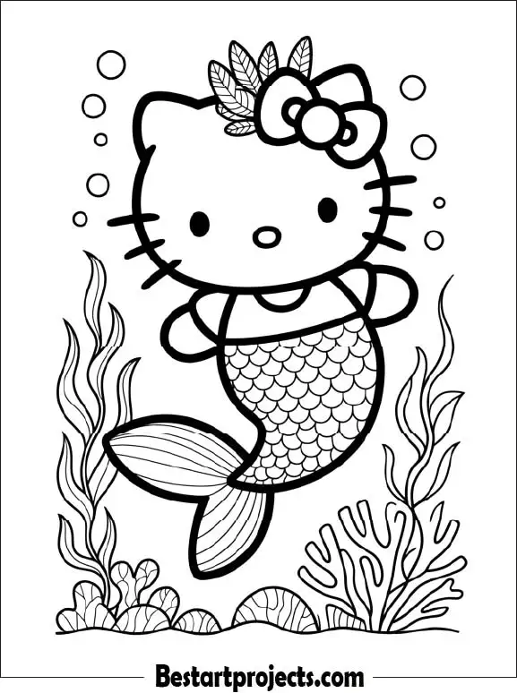 Adorable Hello Kitty Mermaid Coloring Page for Kids
