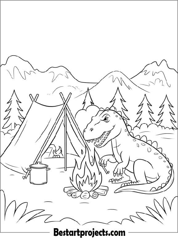 Dinosaur Camping with a Tent and Fire Coloring Page