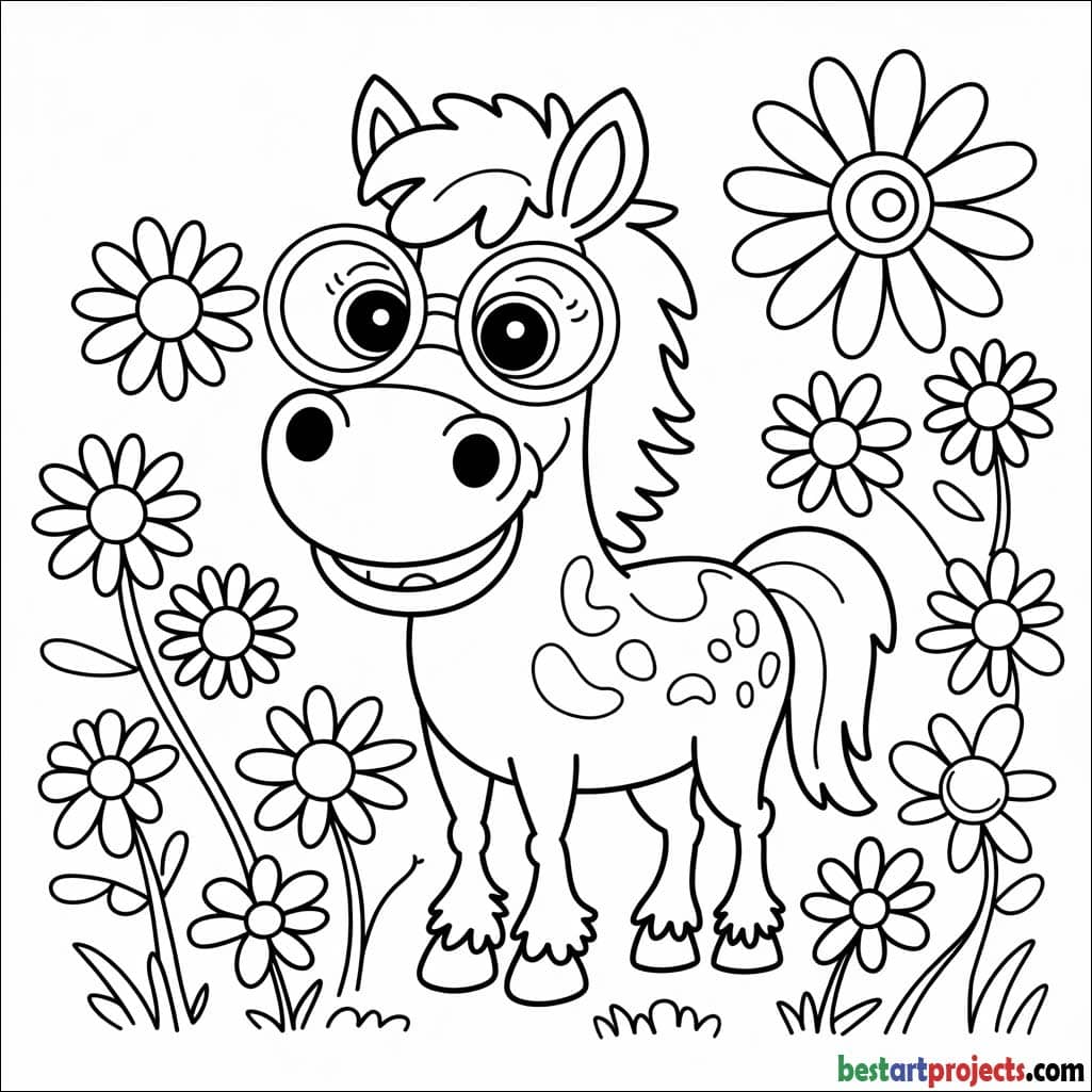Funny Horse with Glasses Free Coloring Sheet 