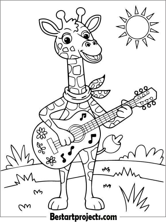 Giraffe with a guitar Coloring page