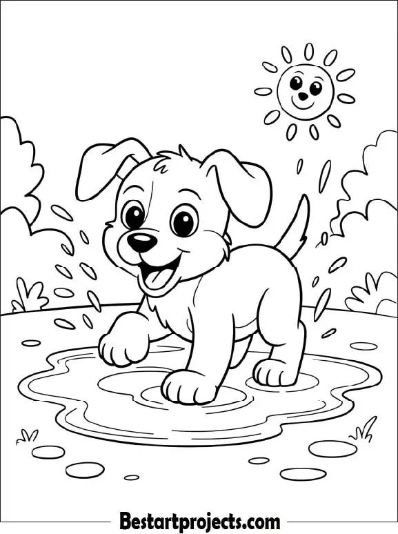 Puppy Splashing in Puddle – Printable Coloring Page Free