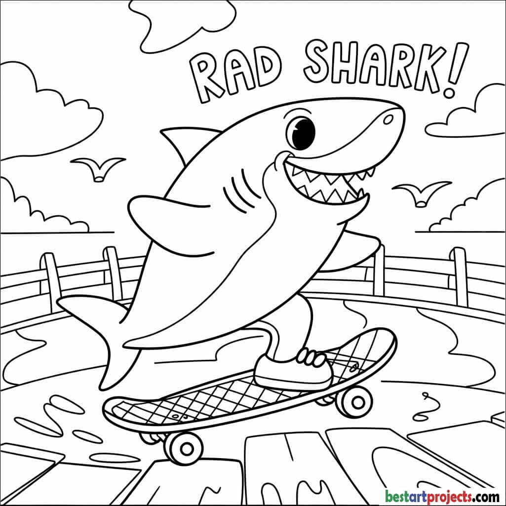 Shark riding a skateboard Coloring page