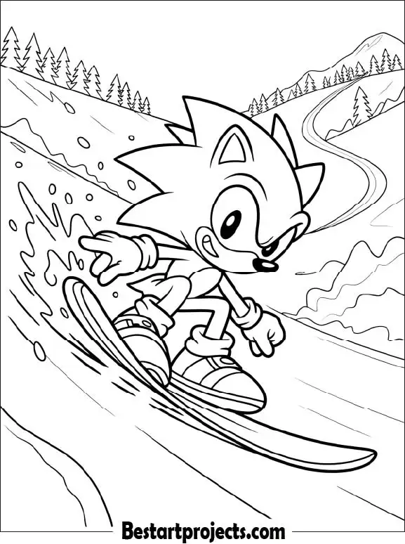 22.Sonic on a Snowboard Ride - Coloring page