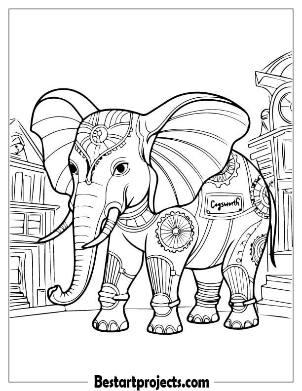 Steampunk Elephant with Gears and Cogs Coloring page
