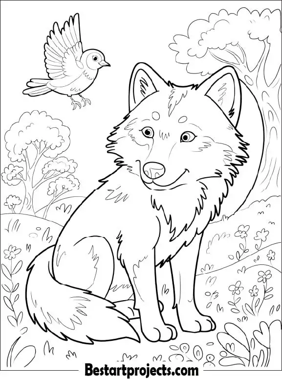 Wolf and Bird Friends Coloring Page