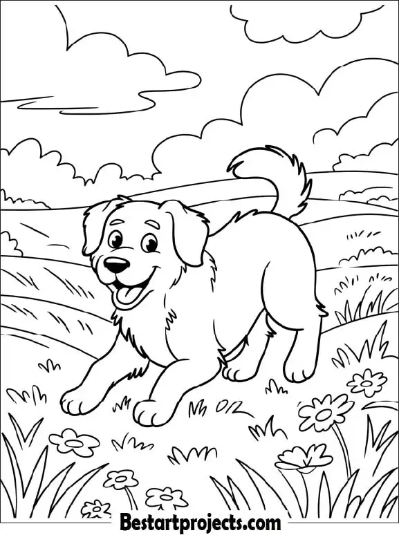 Happy Golden Retriever in Grass – Easy Coloring Page to Print