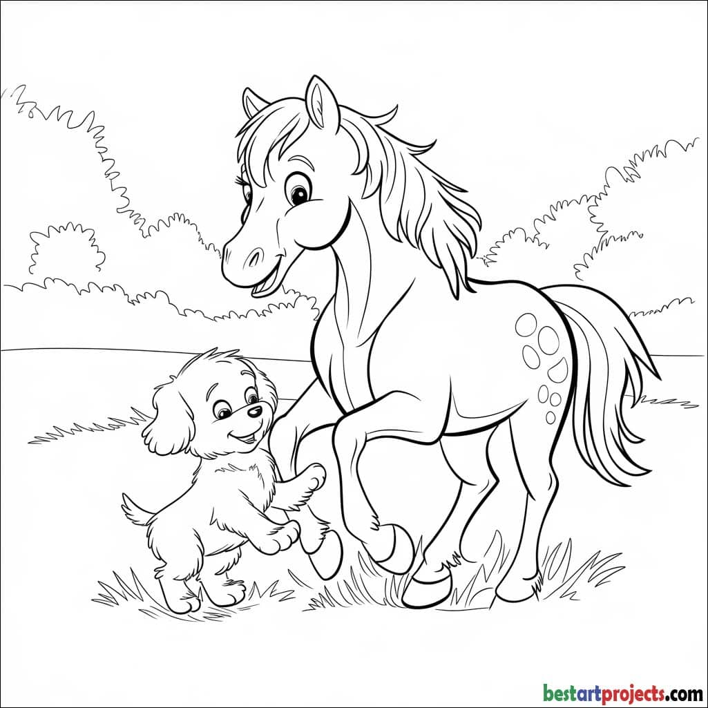 Horse Playing with a Puppy Coloring Sheet 