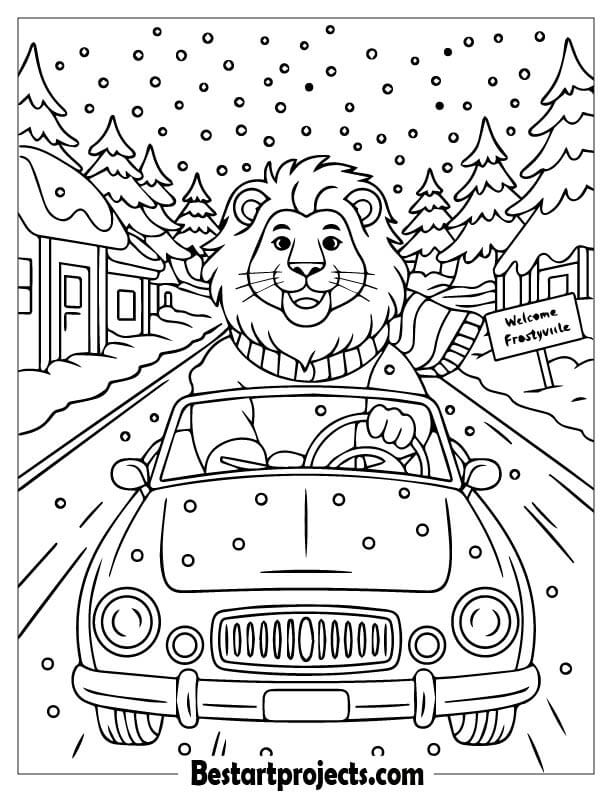 Lion riding in a car on a snowy road