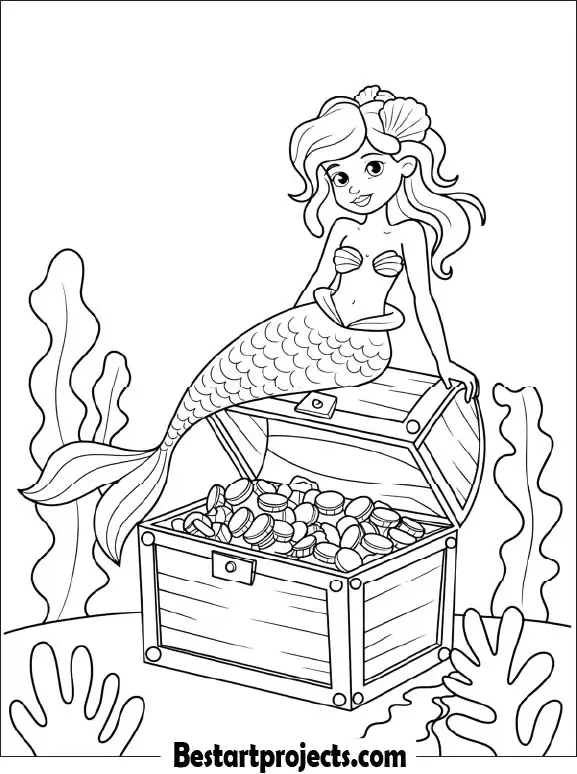 Mermaid with Treasure Chest Coloring Page for Kids