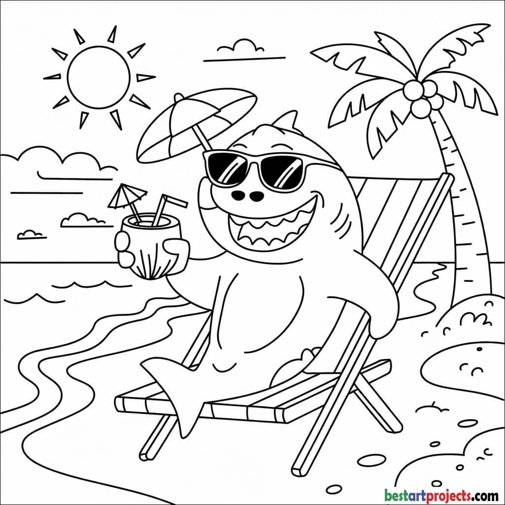 Shark sipping coconut drink Coloring page