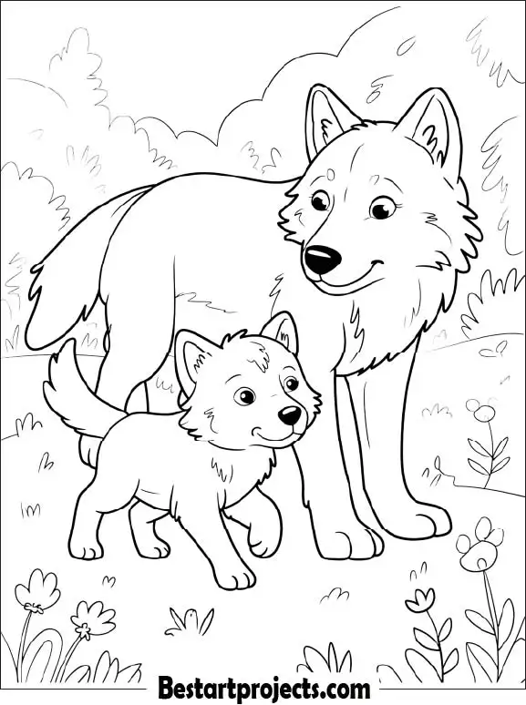 Wolf Pup Walking with Mom Coloring Sheet