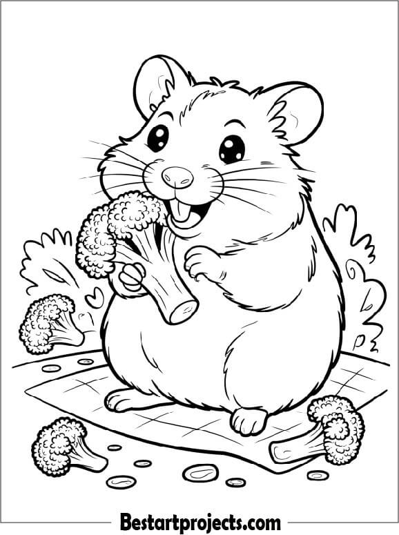 Hamster Eating a Piece of Broccoli Coloring Sheet