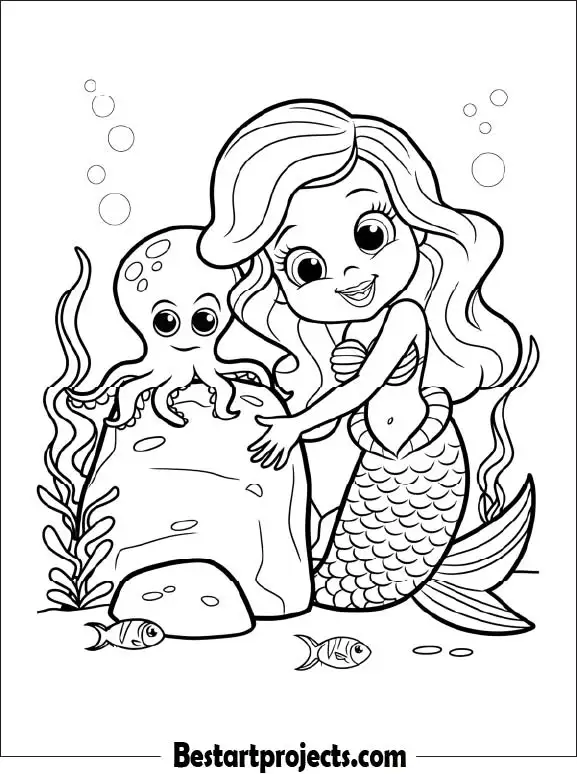 Mermaid and Playful Octopus Coloring Sheet