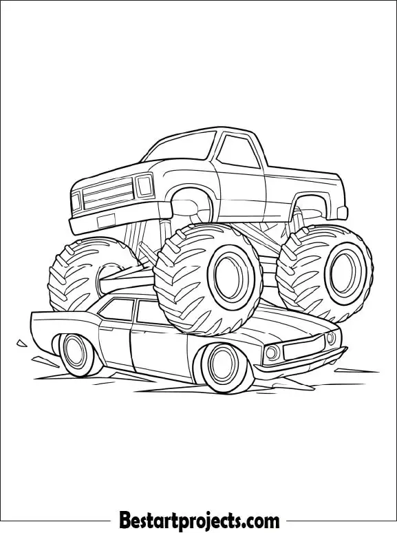 Monster Truck Crushing a Car Coloring Sheet