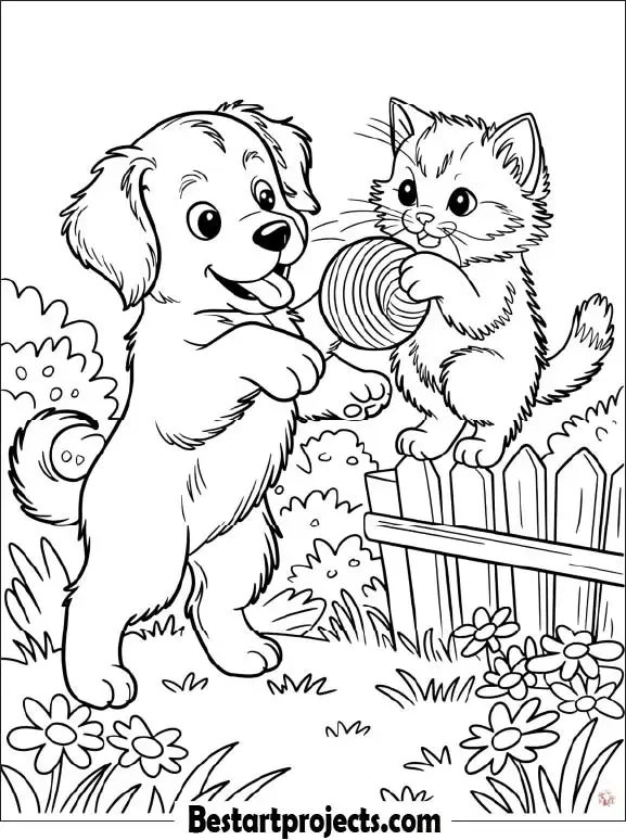 Puppy Playing with Kitten – Free Coloring Sheet