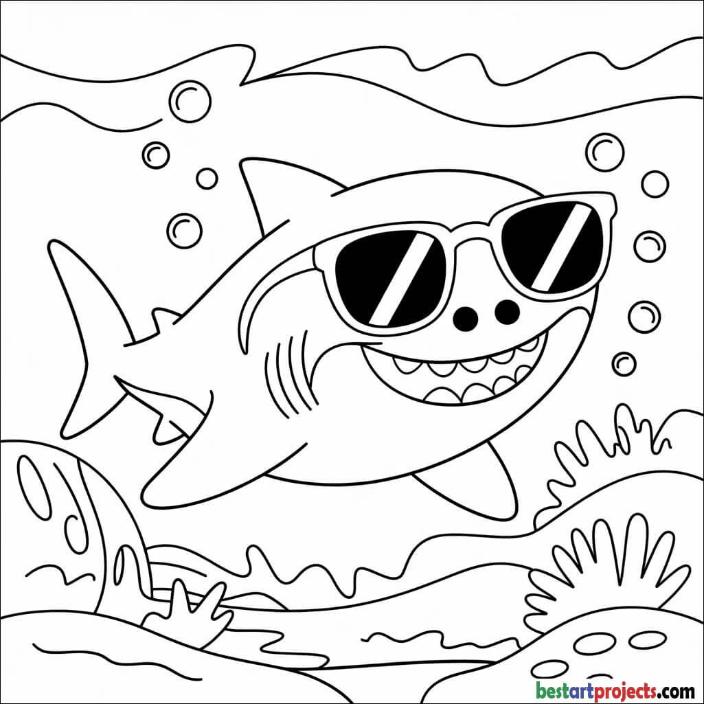 Shark with sunglasses coloring page for kids