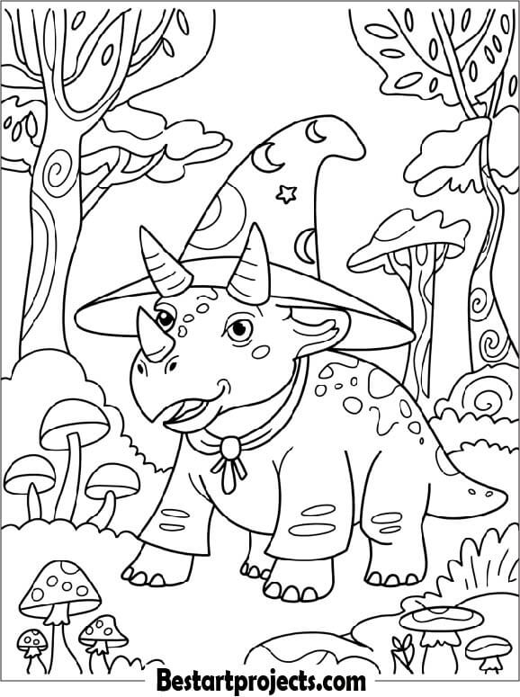 Triceratops with a Witch Hat Coloring Page