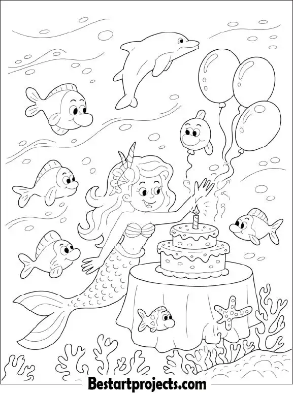Birthday Party Mermaid with Balloons Coloring Sheet