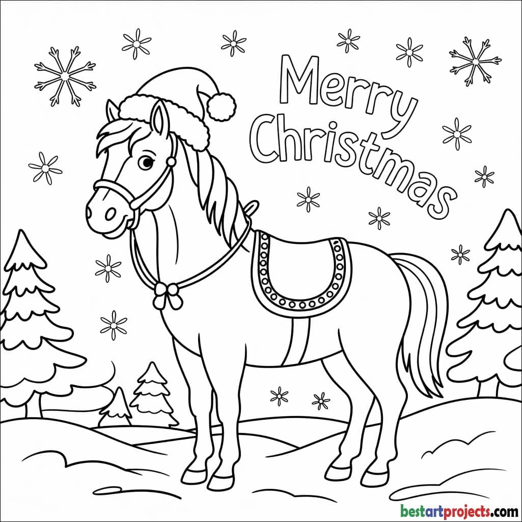 Christmas Horse with Santa Hat Coloring page