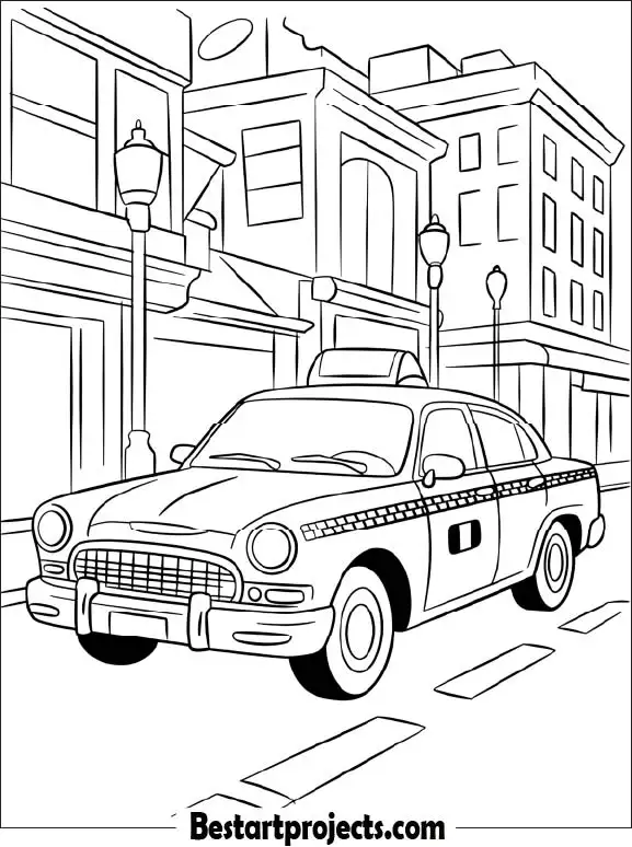 City Taxi Driving in the Street Coloring Page