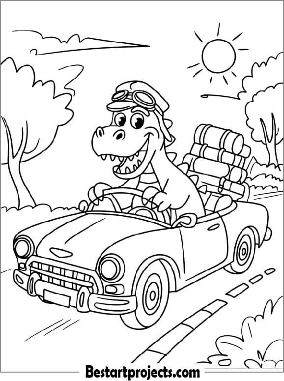 Dino Driving a Car Coloring Page