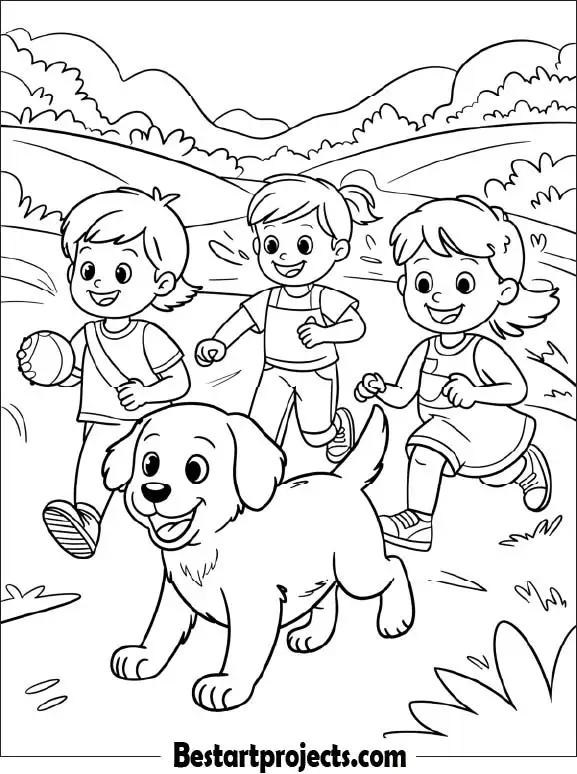 Dog Running with Children – Printable Coloring Page