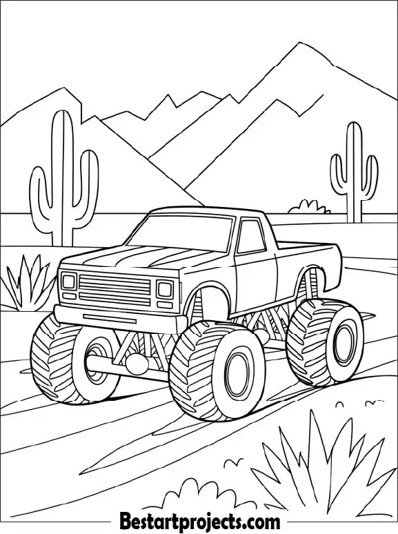 Monster Truck in a Desert Race Track Coloring Sheet