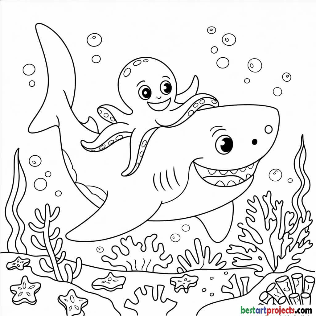 Shark and octopus friends Coloring page