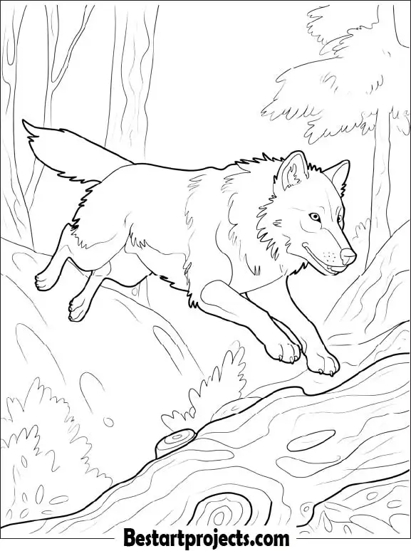 Wolf Jumping Over a Log Coloring Sheet PDF