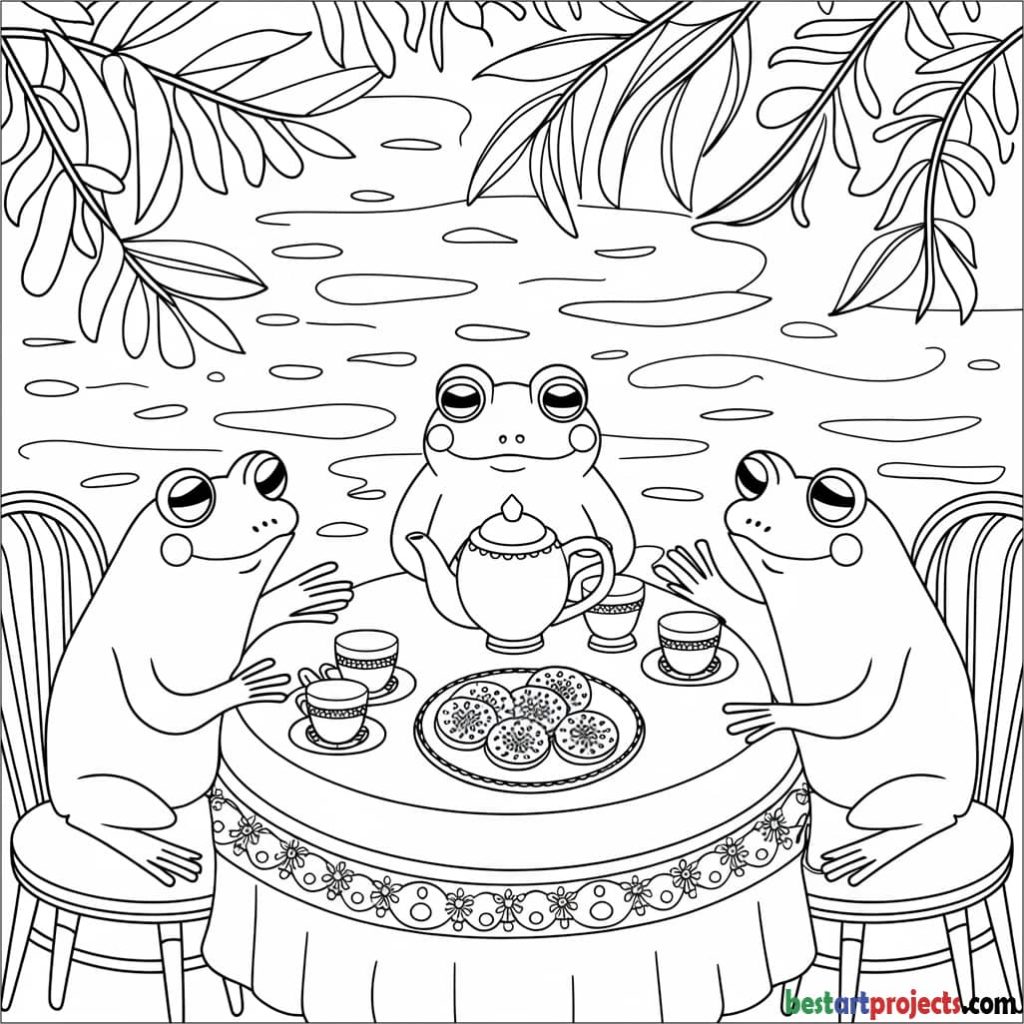  A Group of Frogs Having a Tea Party Printable Coloring Sheet
