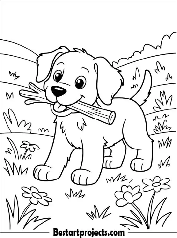 .Dog Carrying a Stick Coloring Page