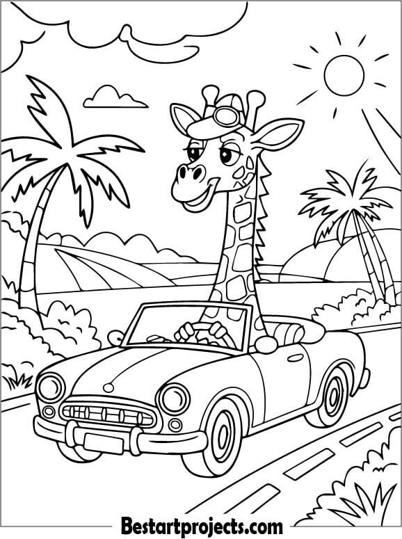 Giraffe Driving a Car Coloring Sheet
