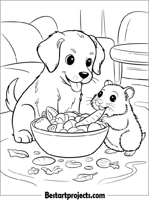 Puppy and Hamster Sharing a Food Bow