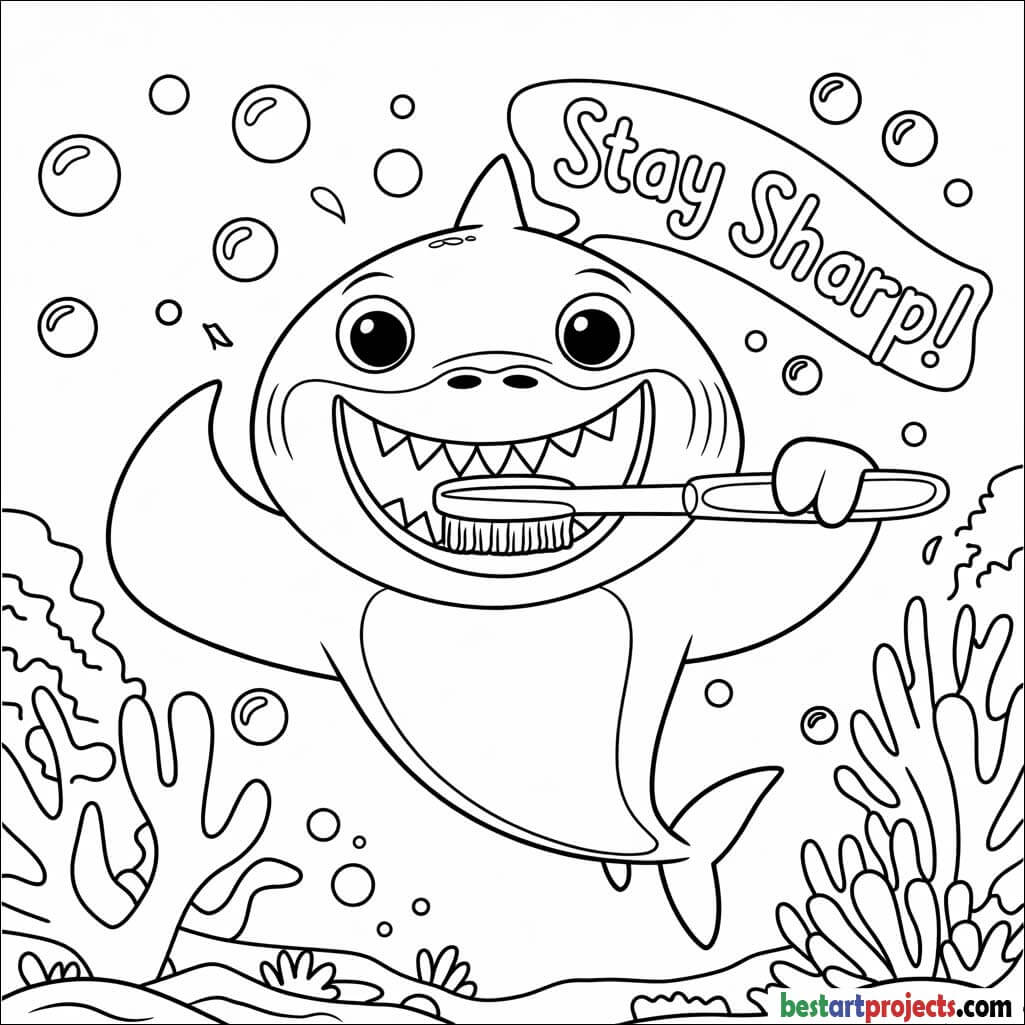 Shark with toothbrush (“stay sharp!”) Coloring page for kids